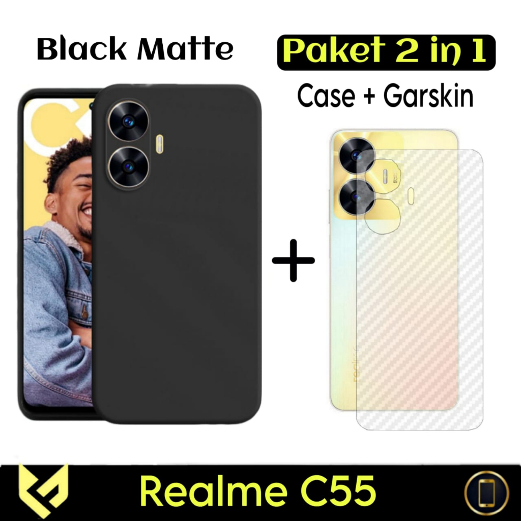 PROMO Paket 3IN1 Case Black Matte For REALME C55 SoftCase Premium Black Free Tempered Glass Camera &amp; Garskin - FIDS STOR