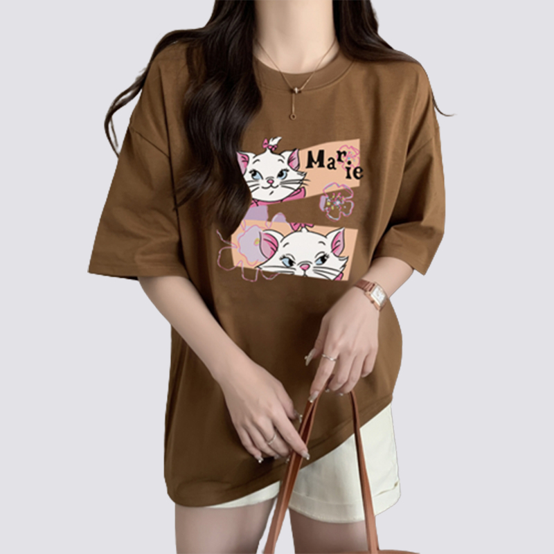 XIAOZHAINV Kaos Atasan Oversize Wanita Cat Anime Pattern Lengan Pendek A0536