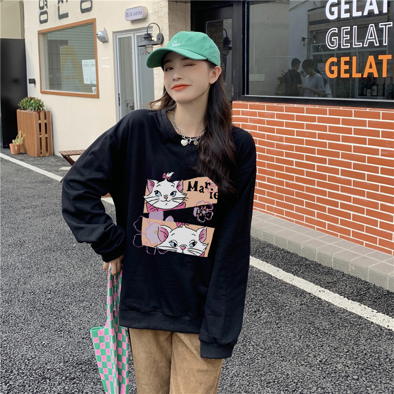 XiaoZhaiNv Sweater Oversized Wanita Cat Anime Pattern Lengan Panjang Korean Style