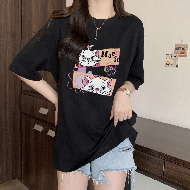 XIAOZHAINV Kaos Atasan Oversize Wanita Cat Anime Pattern Lengan Pendek A0536