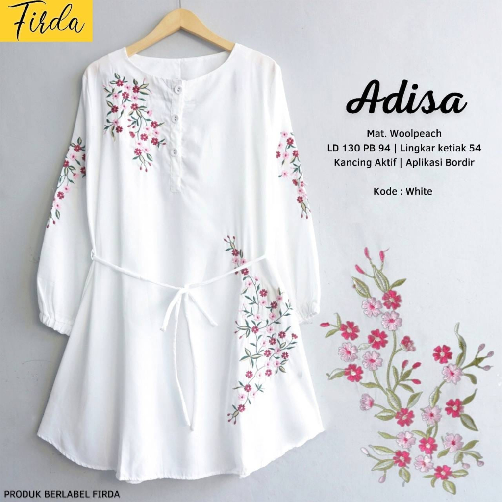 Adisa Tunik Firda Atasan Wanita Lengan Panjang Warna Putih Jumbo Bigsize LD 120 130 XXXL Bahan Woolp