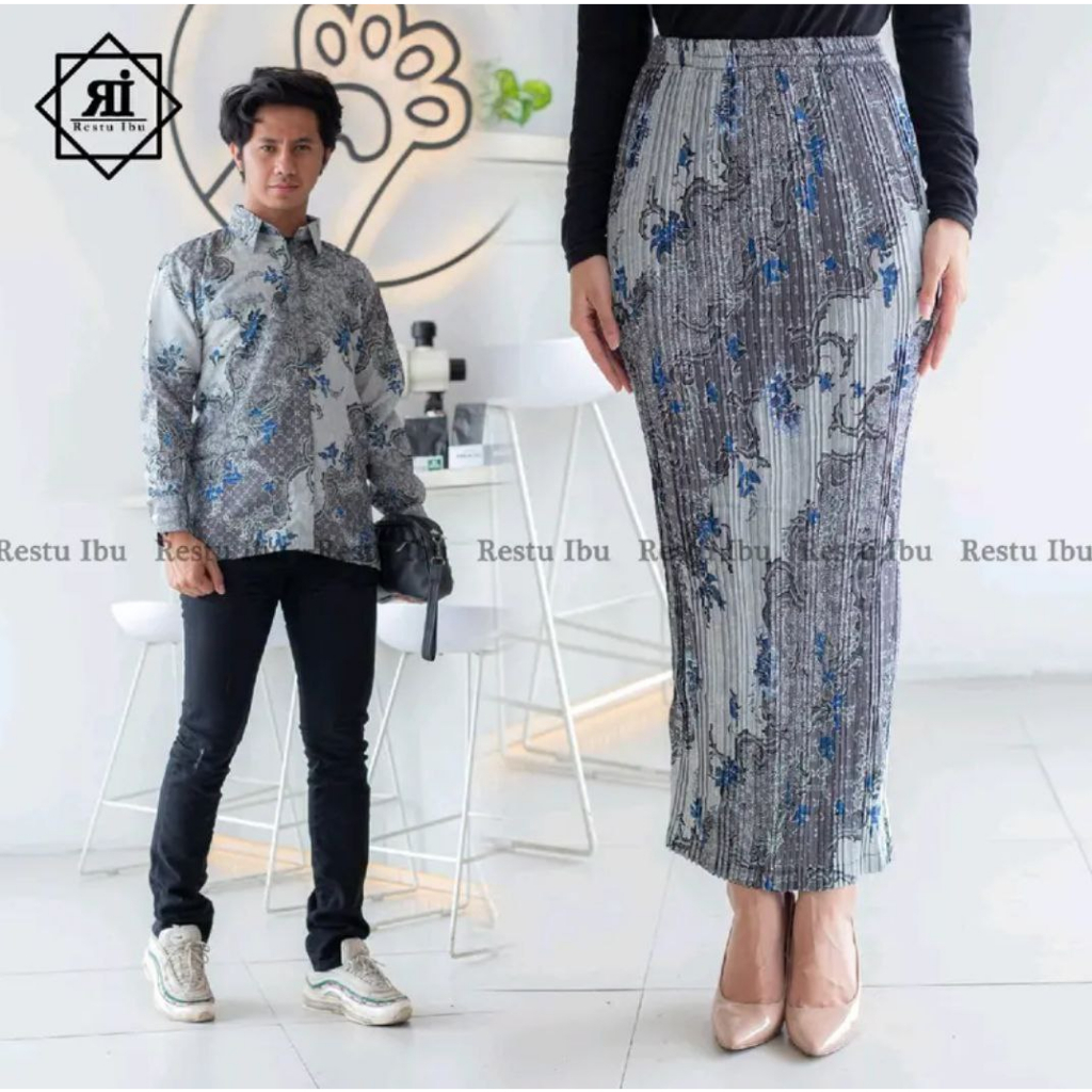 Couple Rok Plisket Wanita Dan Kemeja Lengan Panjang Pria Batik Bahan Premium Tebal Motif Ranting Abu