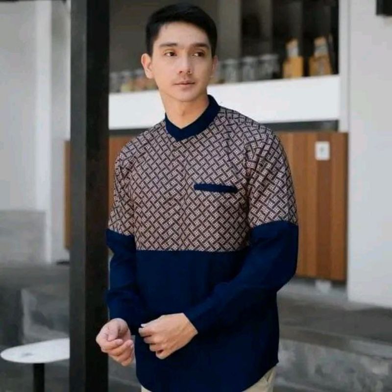 Baju Koko Pria Dewasa Lengan Panjang Motif Kobata Qynang Kombinasi Batik Terbaru