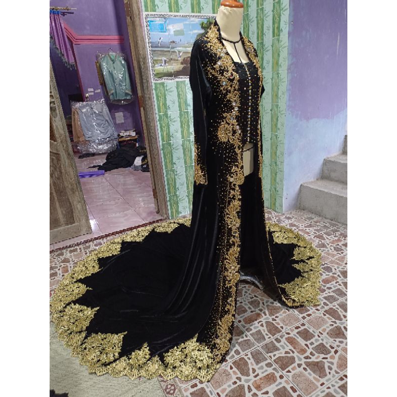 couple kebaya dan beskap bludru pengantin/set pakaian pengantin payet jepang/kebaya pengantin ekor lebar