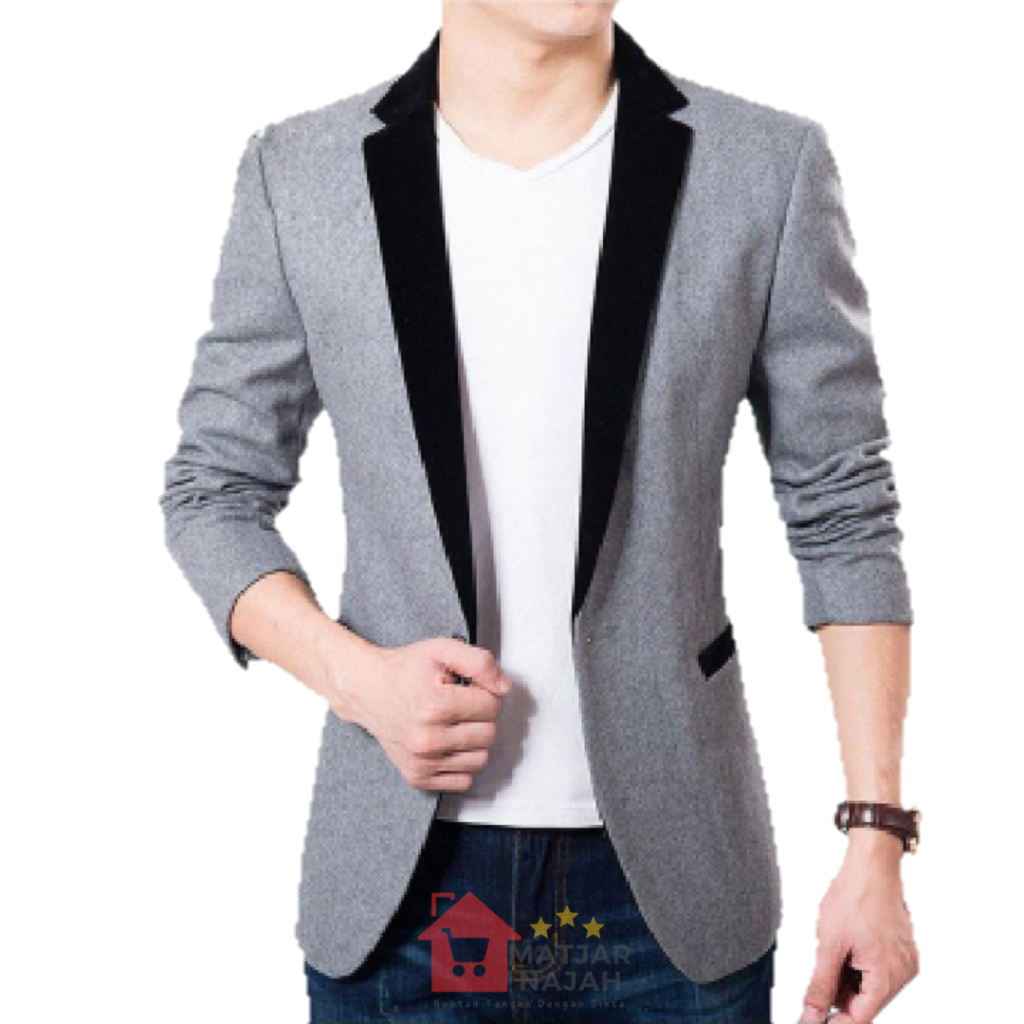 Jas Pria Abu Muda Kombinasi Hitam Matjar Najah - Blazer Pria Suit Soft Grey Lapels Black