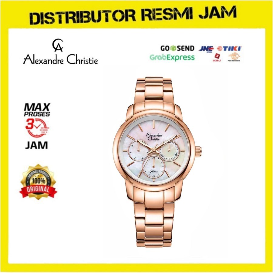 Jam Tangan Wanita Alexandre Christie AC2A34BF AC 2A34 BF Rosegold White