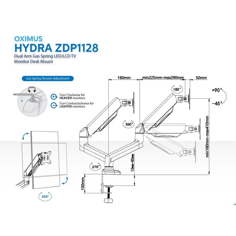 OXIMUS ZDP1128 Bracket TV Monitor LED LCD Gas Spring Tilt Swivel