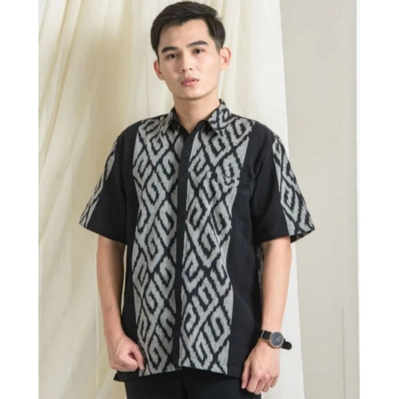 Kemeja Tenun Pria Lengan Pendek - Kemeja Tenun Blanket Etnik Jepara Kemeja Batik Eksklusif Baju Muslim Kondangan Pernikahan Slim Fit Katun