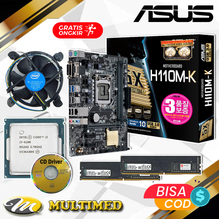 Paket Motherboard H110 LGA 1151 DDR4 New + Core I3 6100 + Fan + RAM