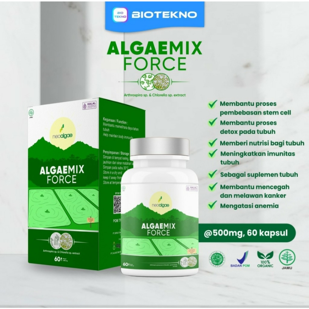 Biotekno Algaemix Force | Blue Green Algae (spirulina) & Green Algae (chlorella)| Kapsul Suplemen Nu