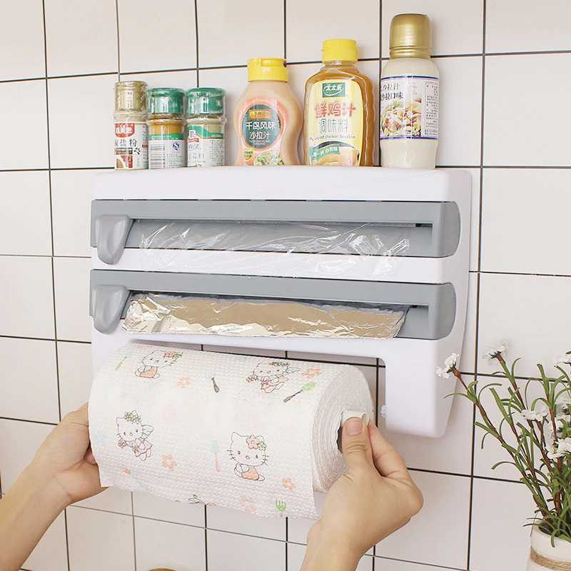 Rak Dapur Serbaguna Tempel Dinding dengan Tempat Tisu dan Plastik Wrap Gulung