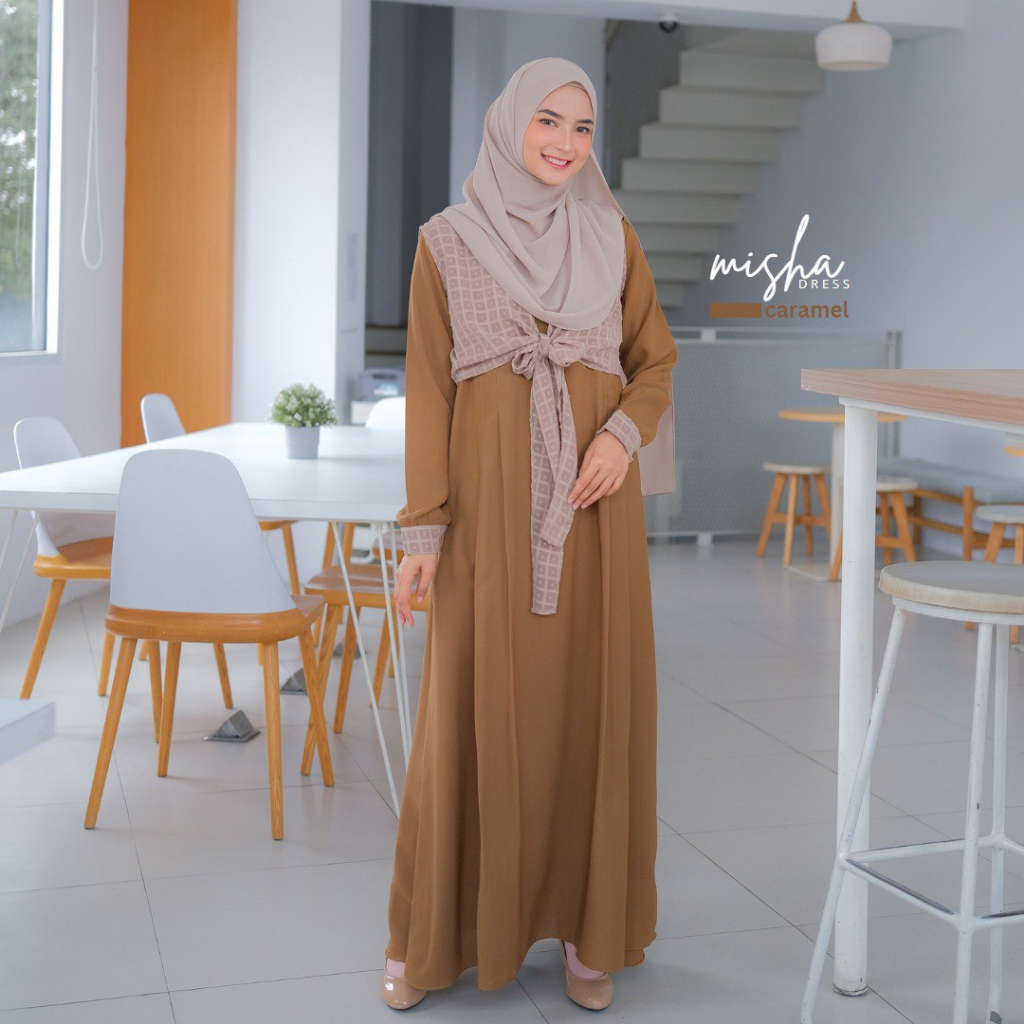 Riskirich Misha Gamis Muslimah Remaja Dewasa Kombinasi Outer Lepas Pasang Dress Kekinian 3in 1 Style