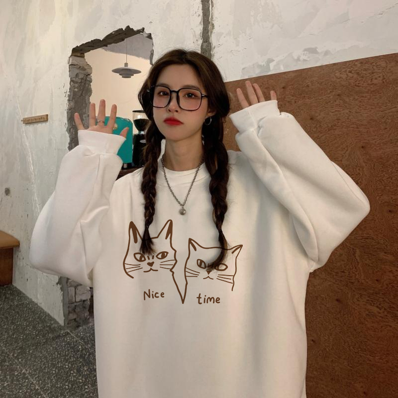 XiaoZhaiNv Sweater Oversized Wanita Nice Time Cats Pattern Lengan Panjang Korean Style