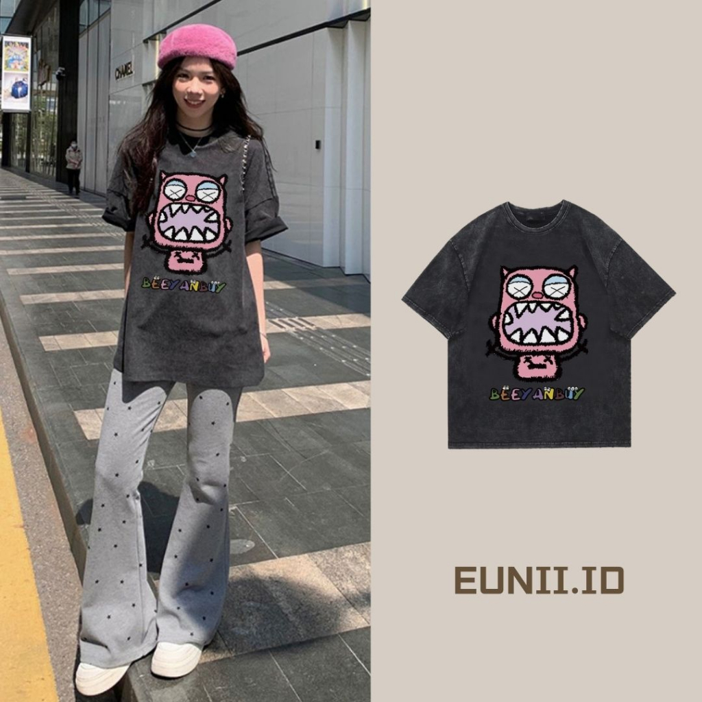 EUNII T-shirt Lengan Pendek Black Washed Cute Pink Monster Printing Korean Style/Kaos Atasan Wanita/Baju Wanita/Kaos Wanita