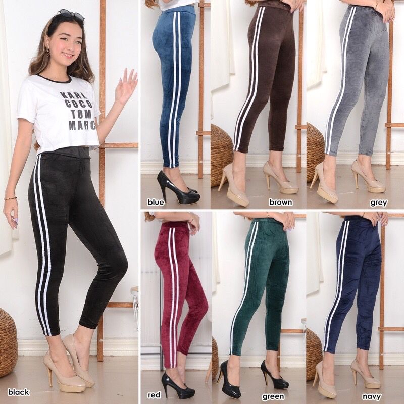 LEGGING  BLUDRU VELVET LIS 2 PUTIH / LEGING BAHAN BLUDRU STRIP / LEJING IMPORT WANITA