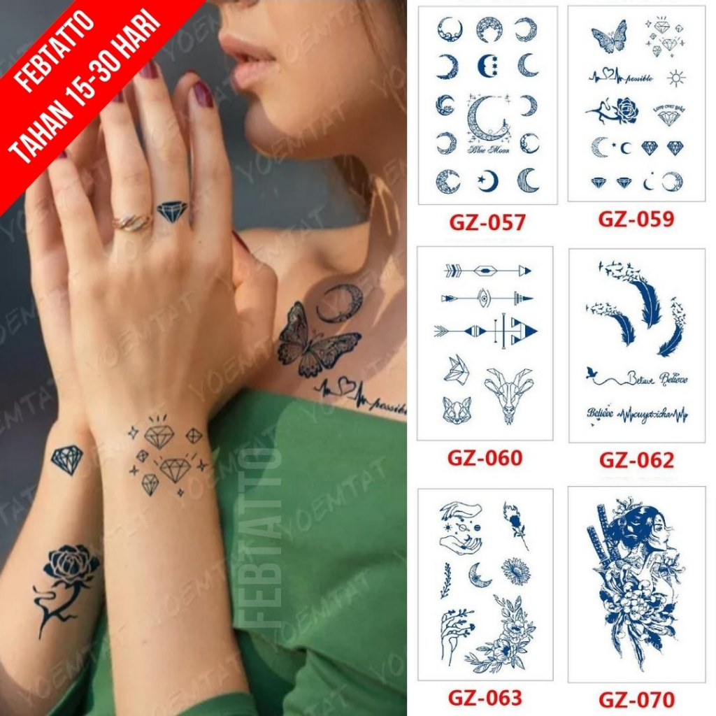 Tato Semi Pemanent Tahan 1 Bulan Ukuran 11cmx18cm Tato Lengan Tato Dada Tato tangan Tato Kaki Tato Punggung Tato Jari  Motif Aesthetic Tatto Temporary Stiker Tato Halal Grosir Tato air motif bulan, diamond, panah, bulu, tulisan, bunga, ghesia GZ 059