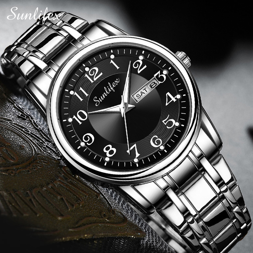 Sunlifex Jam Tangan Pria Anti Air Kuarsa Kalender Tali Stainless Steel Santai Mode Jam Tangan Cowok-6