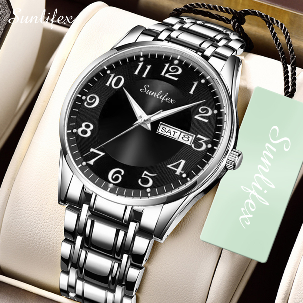 Sunlifex Jam Tangan Pria Anti Air Kuarsa Kalender Tali Stainless Steel Santai Mode Jam Tangan Cowok-SilverBlack