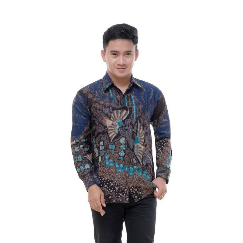 Kemeja Batik Cowok Lengan Panjang Ungu Abu Hitam Coklat Biru Merah Ukuran M L XL XXL/ Baju Batik Cowok