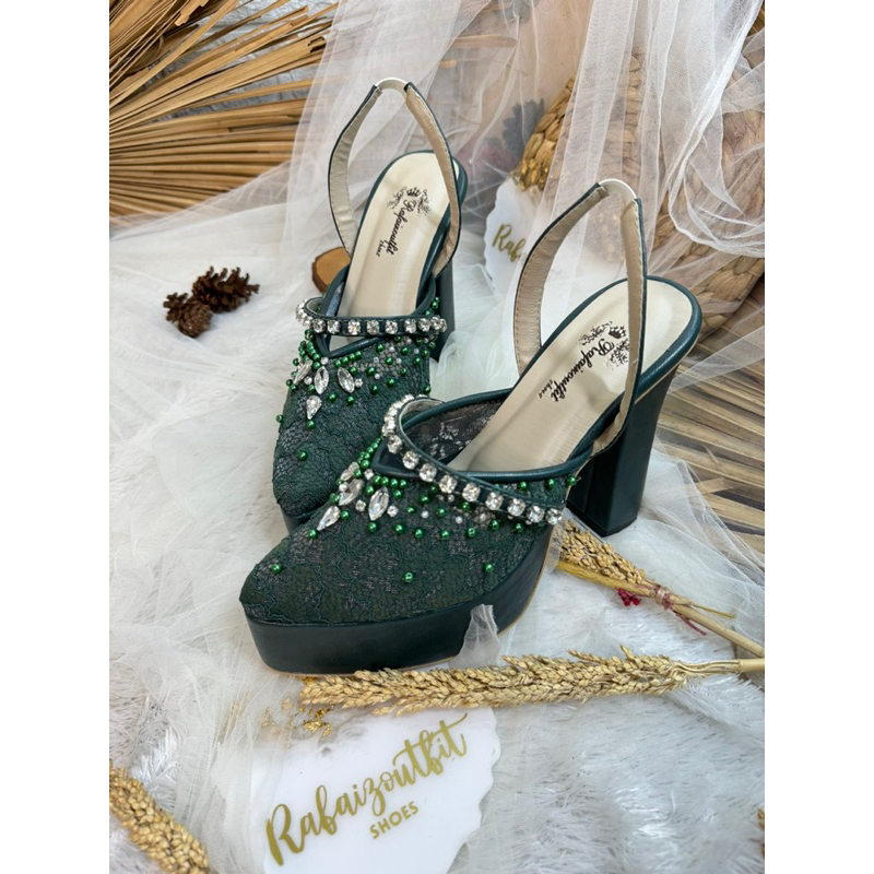 sepatu wanita wedding hijau botol diamont tali platform 12cm