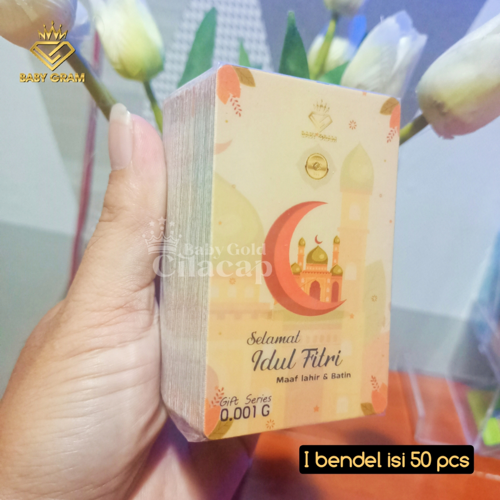 Souvenir Kado THR Idul Fitri Emas 0,001gr Logam Mulia 24 Karat isi 50pcs