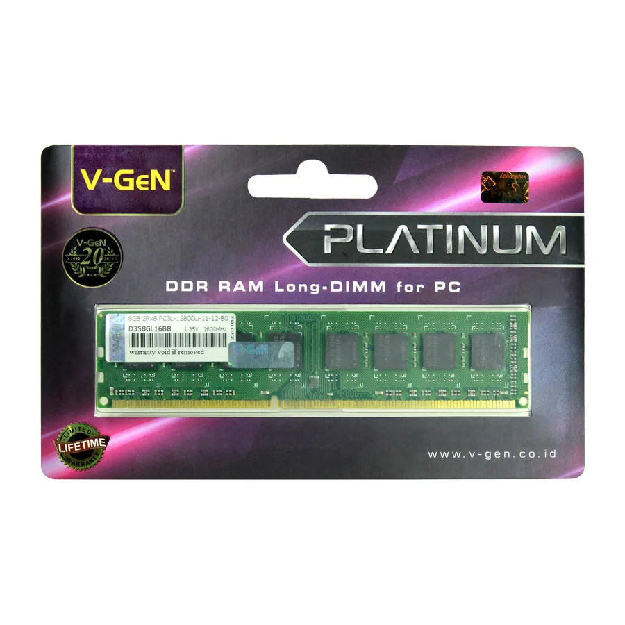 V-GeN DDR3L Long Dimm Memory PC 8GBPC128001600Mhz