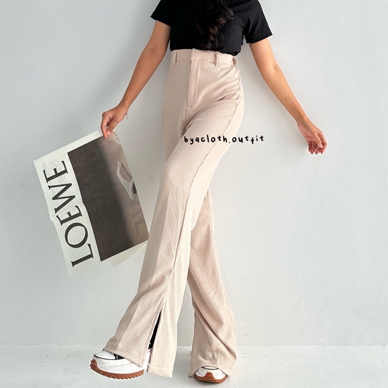 Velve Slit Knit Pants - Celana Knit Waffle Slit - Celana Kulot Knit Rib Panjang - Knit Pants - Loose Pants Highwaist Kulot Panjang Basic Strech Premium Korean - Celana Anti Kusut - Pants Ironless