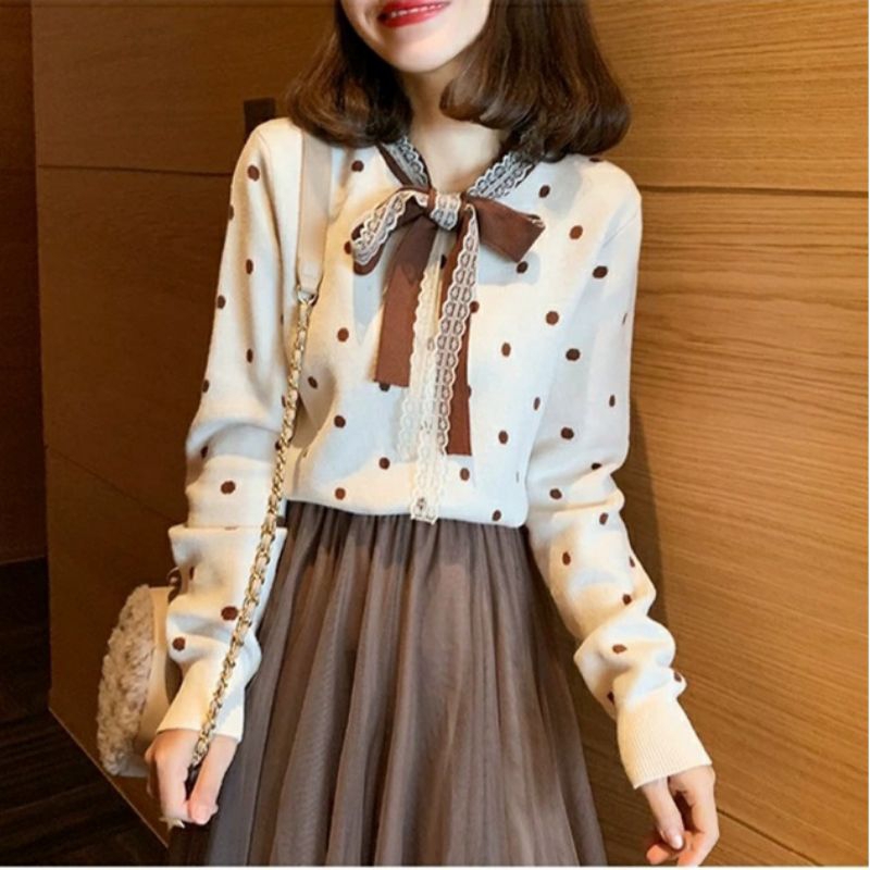 1077 Baju atasan blouse KNITTED TOP polkadot rajut knit Korea Korean style wanita import baju atasan