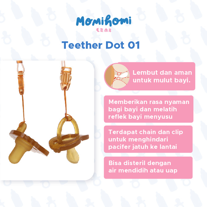 MOMI HOMI AUTHORIZED Teether Dot 01 Empeng Bayi Pacifier mainan perlengkapan baby Empeng Gigitan Bayi Set Dengan Tali Klip Pengikat