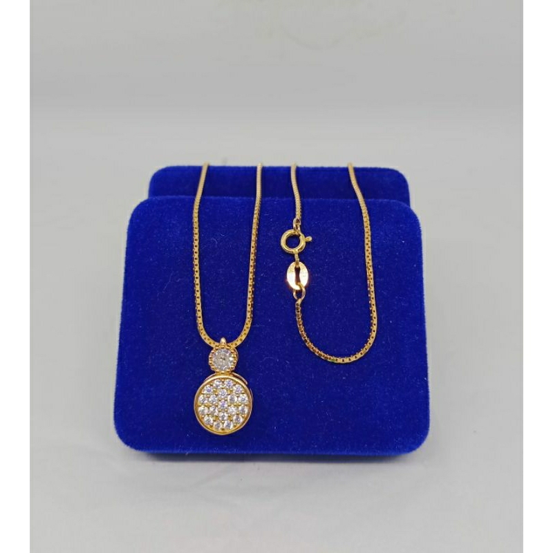kalung rantai itali kaca+liontin tusuk bulat mata putih/perak asli silver 925 lapis emas/perhiasan fashion wanita terbaru