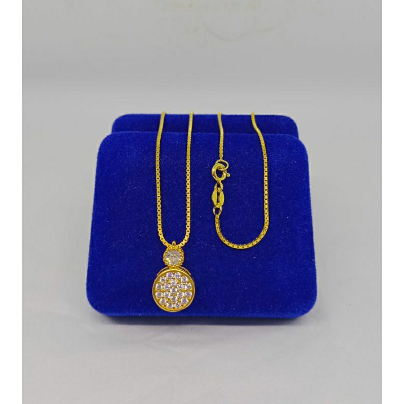 kalung rantai itali kaca+liontin tusuk bulat mata putih/perak asli silver 925 lapis emas/perhiasan fashion wanita terbaru