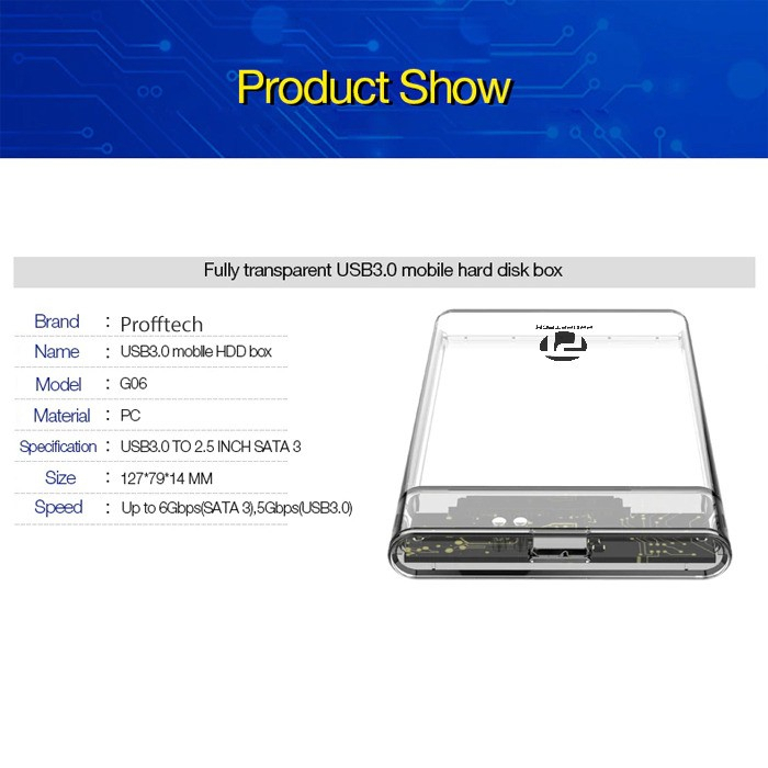 Hdd ssd enclosure profftech 2.5&quot; sata transparent usb 3.0 5Gbps G-06 G06 - Casing harddisk external proff tech transparan 2.5 sata3 usb3.0