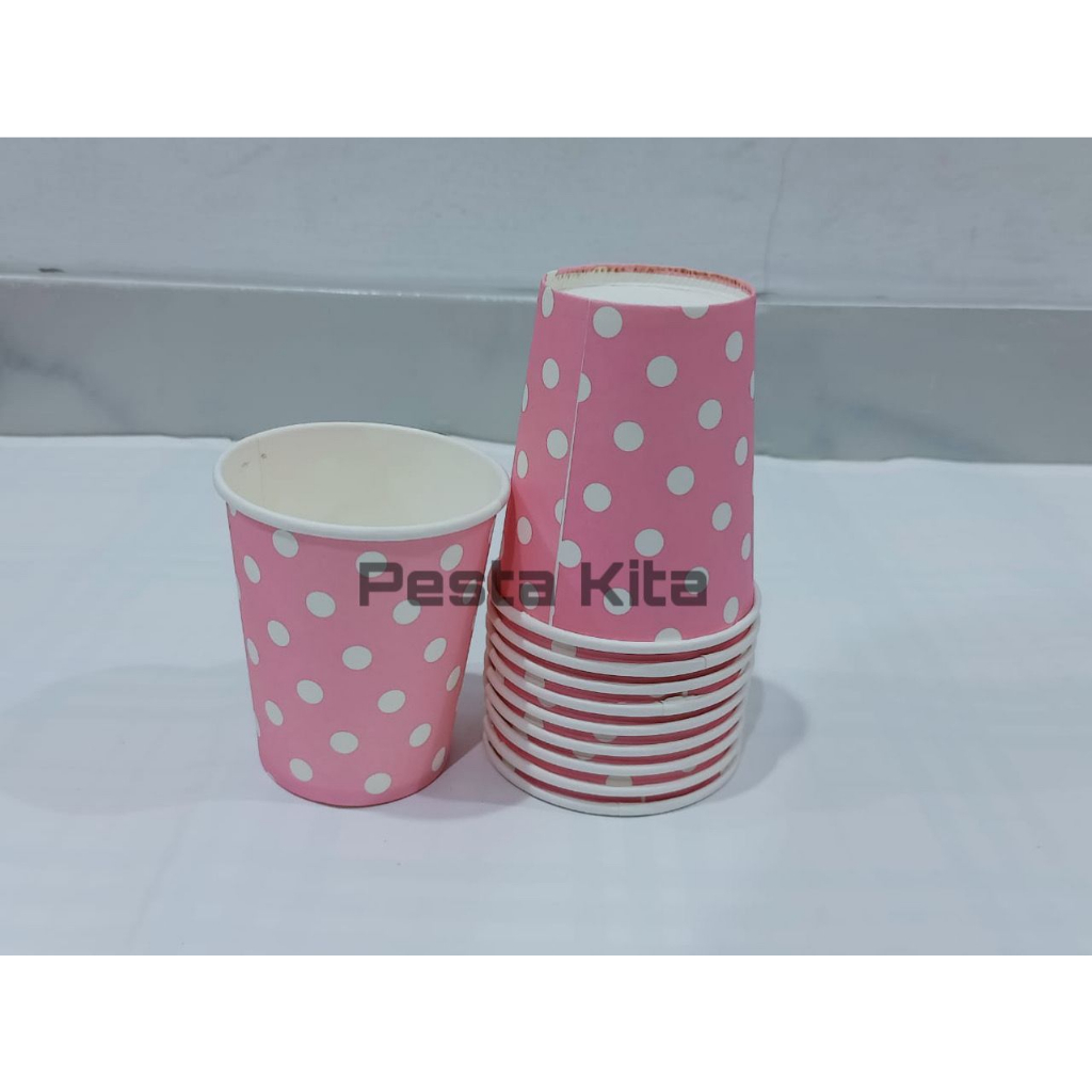 PAPER CUP POLKADOT 1 PACK ISI 10 PC / GELAS PESTA MOTIF POLKADOT BISA TAHAN PANAS DAN DINGIN