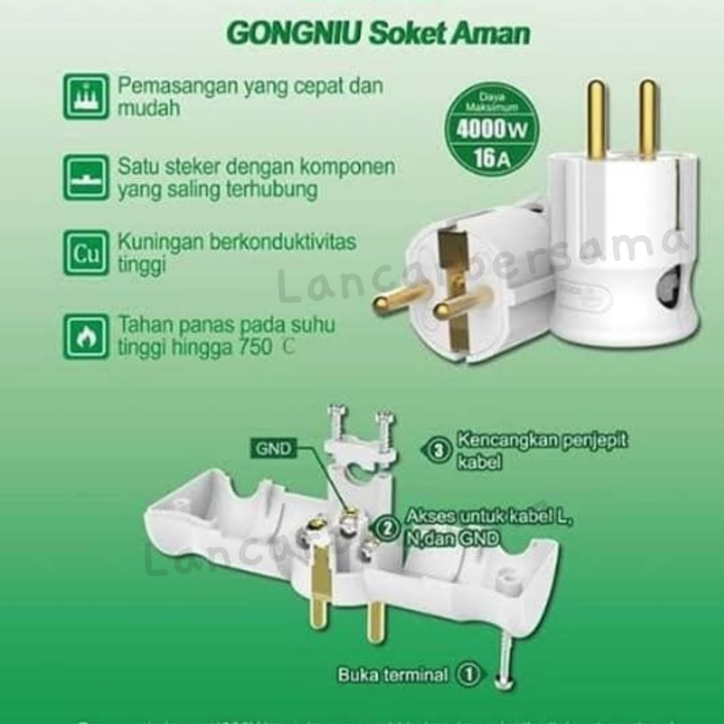 STEKER PLUG ARDE GONGNIU COLOKAN LISTRIK 16A 4000WATT SNI GARANSI,ANTI BAKAR