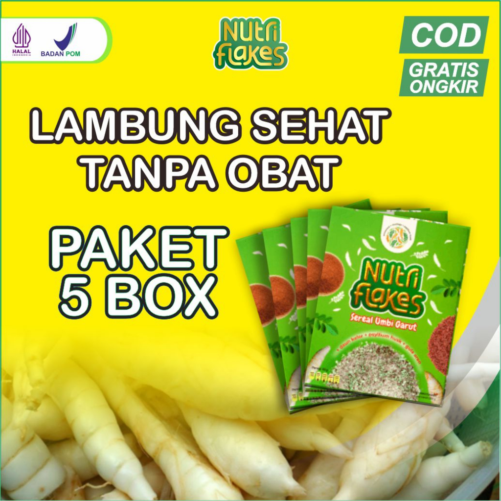 

[ORIGINAL] NUTRIFLAKES 5 BOX ASLI DARI SEREAL UMBI GARUT MENGATASI GERD DAN MAAG KRONIS RESMI DISTRIBUTOR