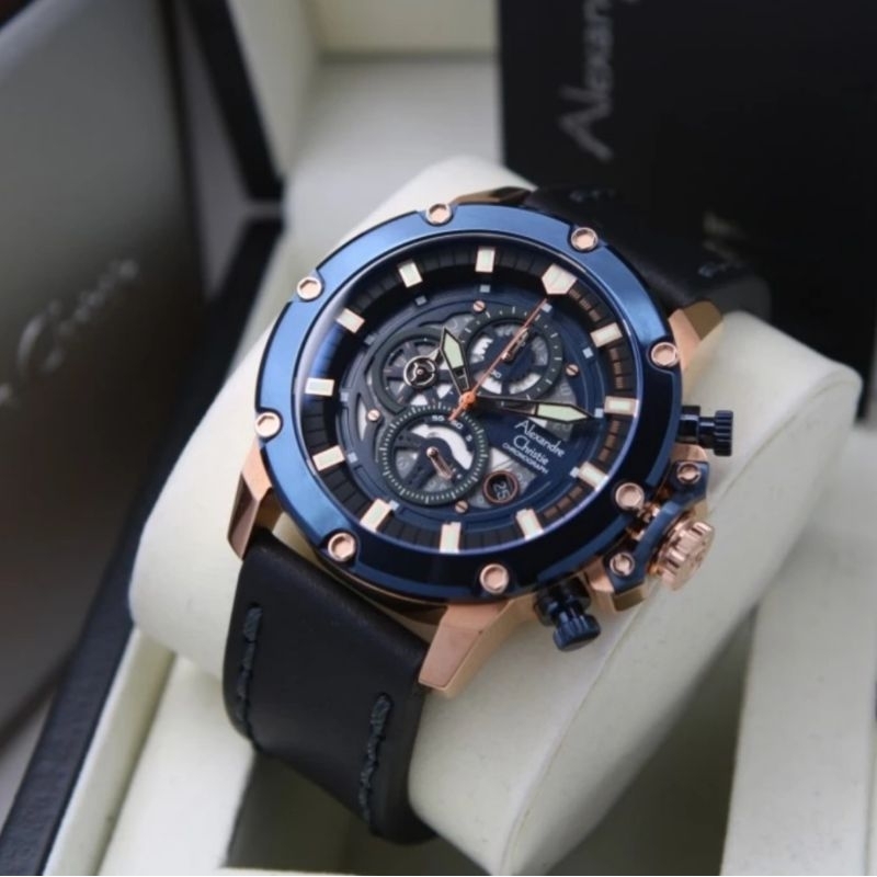Jam tangan pria alexander cristie original ac6564 blue rose gold leather black