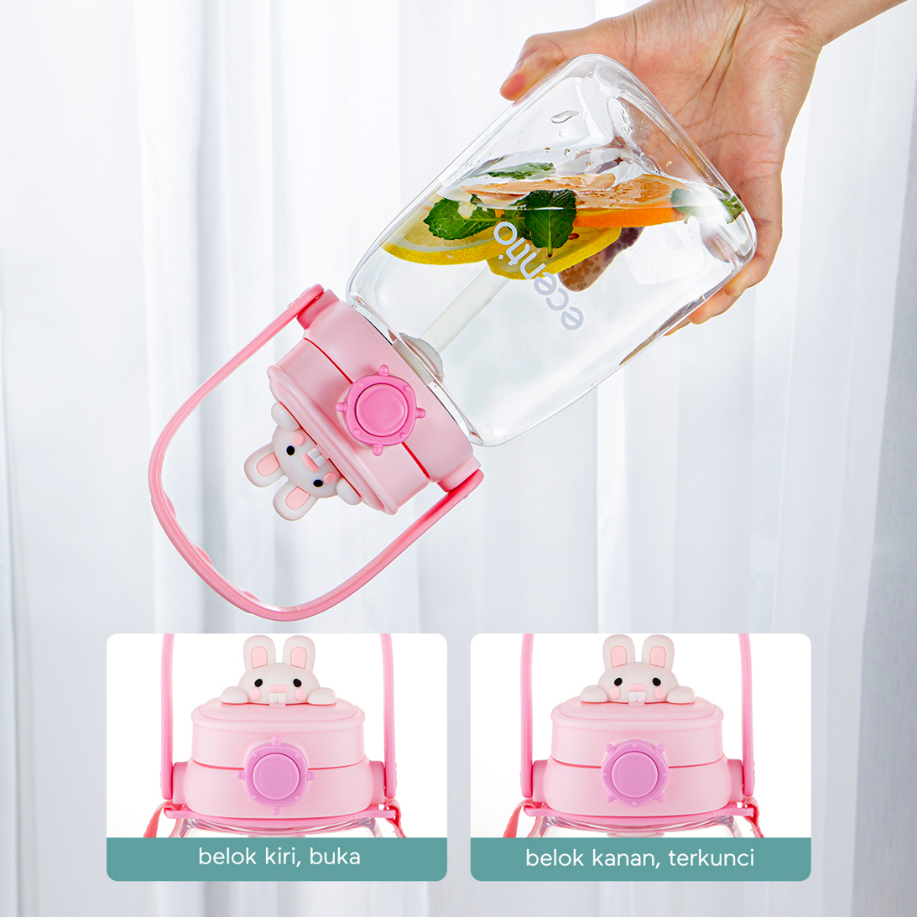 ecentio Botol Minum Anak sedotan 1200ml botol anak anti tumpah kartun lucu bpa free Bahan PC with Tali