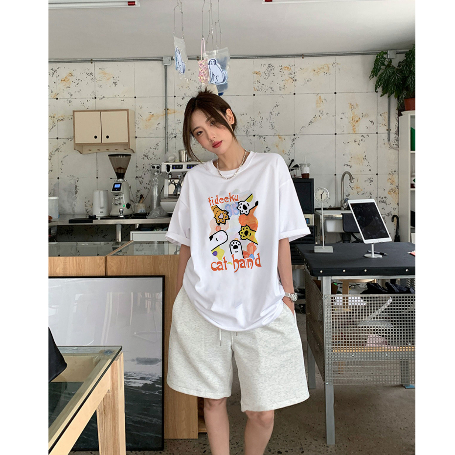 XIAOZHAINV Kaos Atasan Oversize Wanita Cat Hand Anime Pattern Lengan Pendek A0181