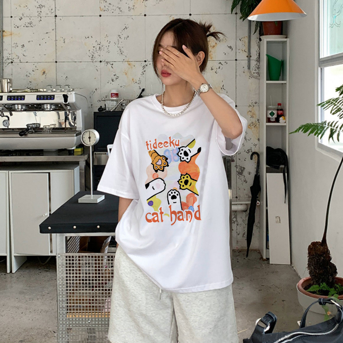 XIAOZHAINV Kaos Atasan Oversize Wanita Cat Hand Anime Pattern Lengan Pendek A0181