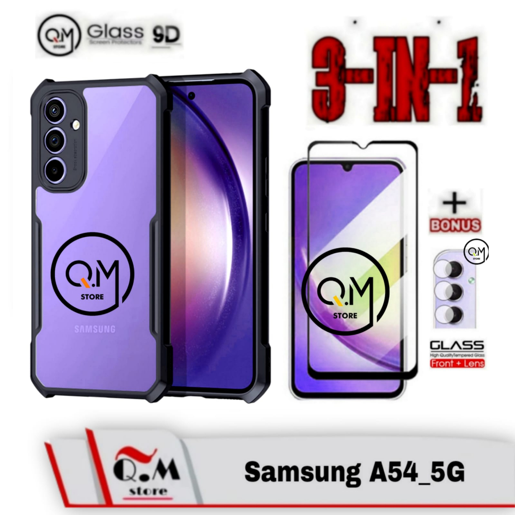 Paket 3 in1 Case Samsung A54 5G Softcase Transparan Armor Acrilik Pelindung Back Cover