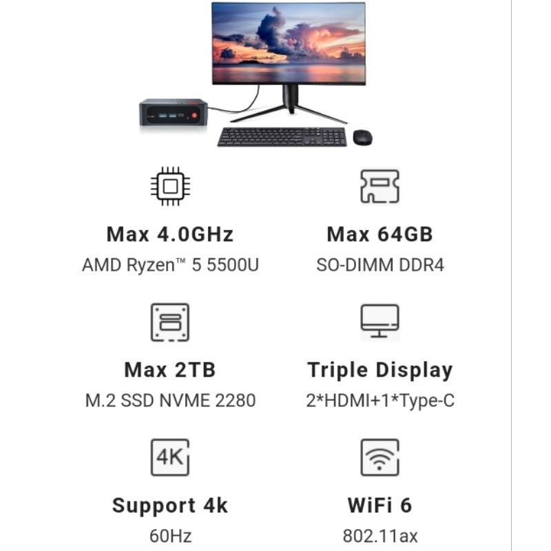 Mini PC Beelink SER5 AMD Ryzen 5 5500U 16/500GB Dual HDMI Windows 11