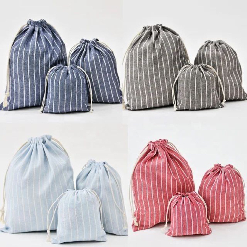 Pouch serut drawstring pouch bahan katun motif salur korean style