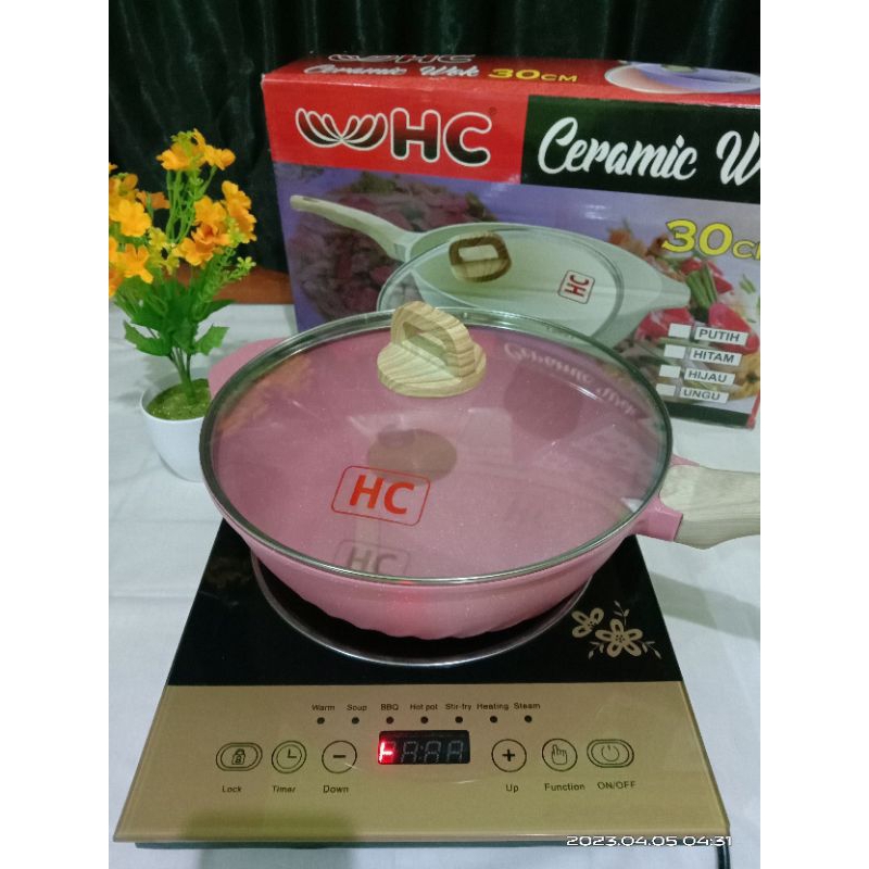 Wajan ceramic wok HC 30 cm + tutup warna Pink