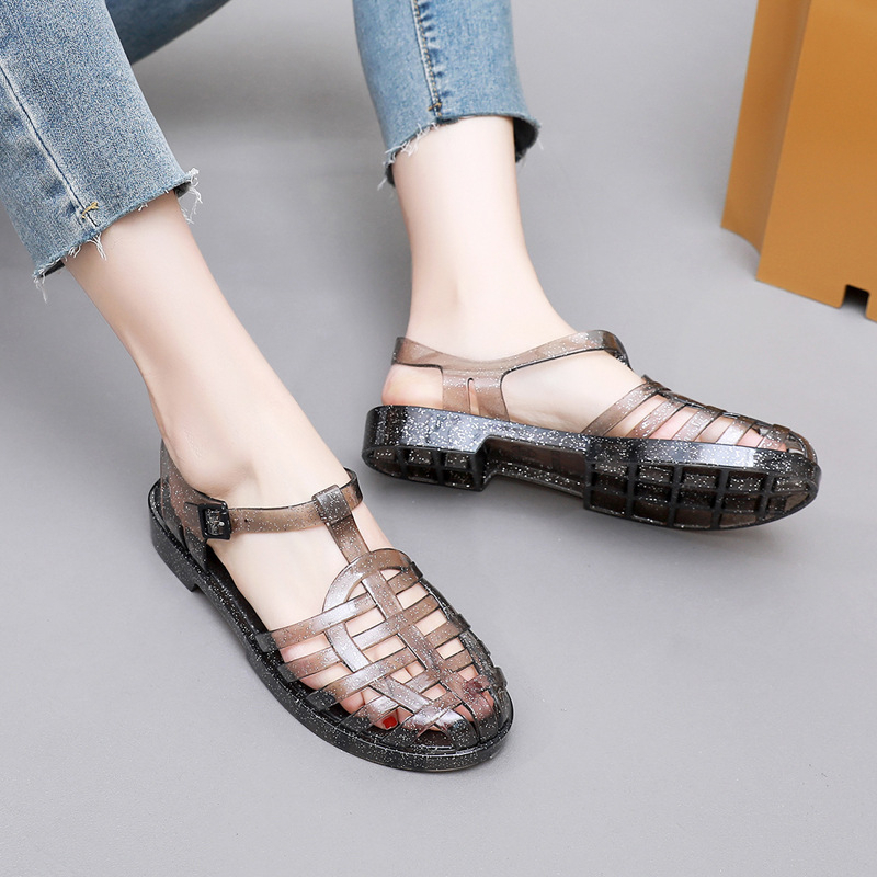 Sandal Jelly Flat Hollow Ukuran Dewasa Warna Glitter &amp; Glossy Hollow Shoes Import