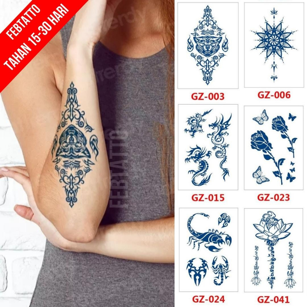 Tato Semi Pemanent Tahan 1 Bulan Ukuran 11cmx18cm Tato Lengan Tato Dada Tato tangan Tato Kaki Tato Punggung Tato Jari  Motif Aesthetic Tatto Temporary Stiker Tato Halal Grosir Tato air motif tulisan, tribal, naga, bunga, kalajengking, tulisan GZ 003