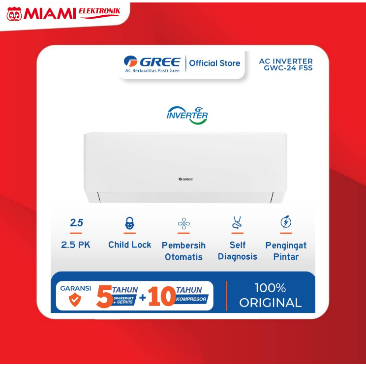 GREE AC F5S SERIES - INVERTER 2.5 - GWC-24F5S / GWC24F5S - White (Indoor&amp;Outdoor)