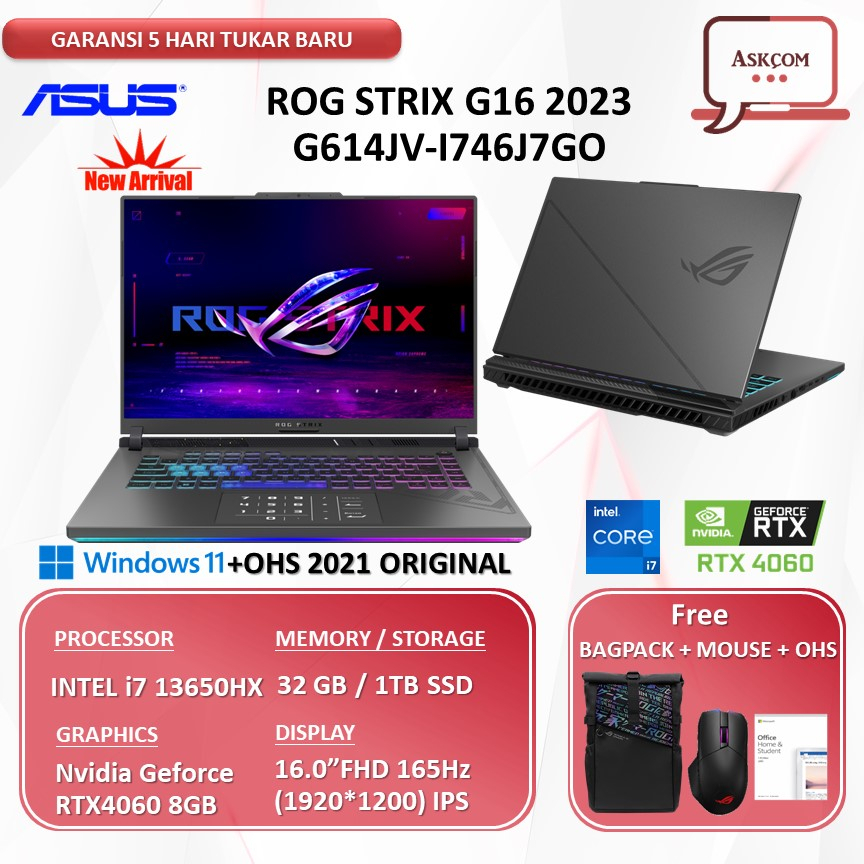 Laptop Gaming Asus ROG STRIX G614JV I746J7GO RTX4060 8GB i7 13650HX 32GB RAM 1TBssd 16.0FHD 165Hz W11+OHS