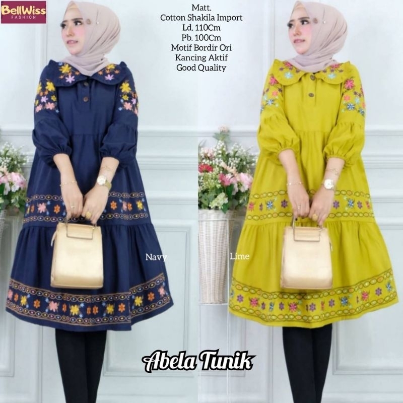 abela tunic warna ungu dusty pink kuning navy biru Dongker atasan cewek long tunik bahan katun shaki