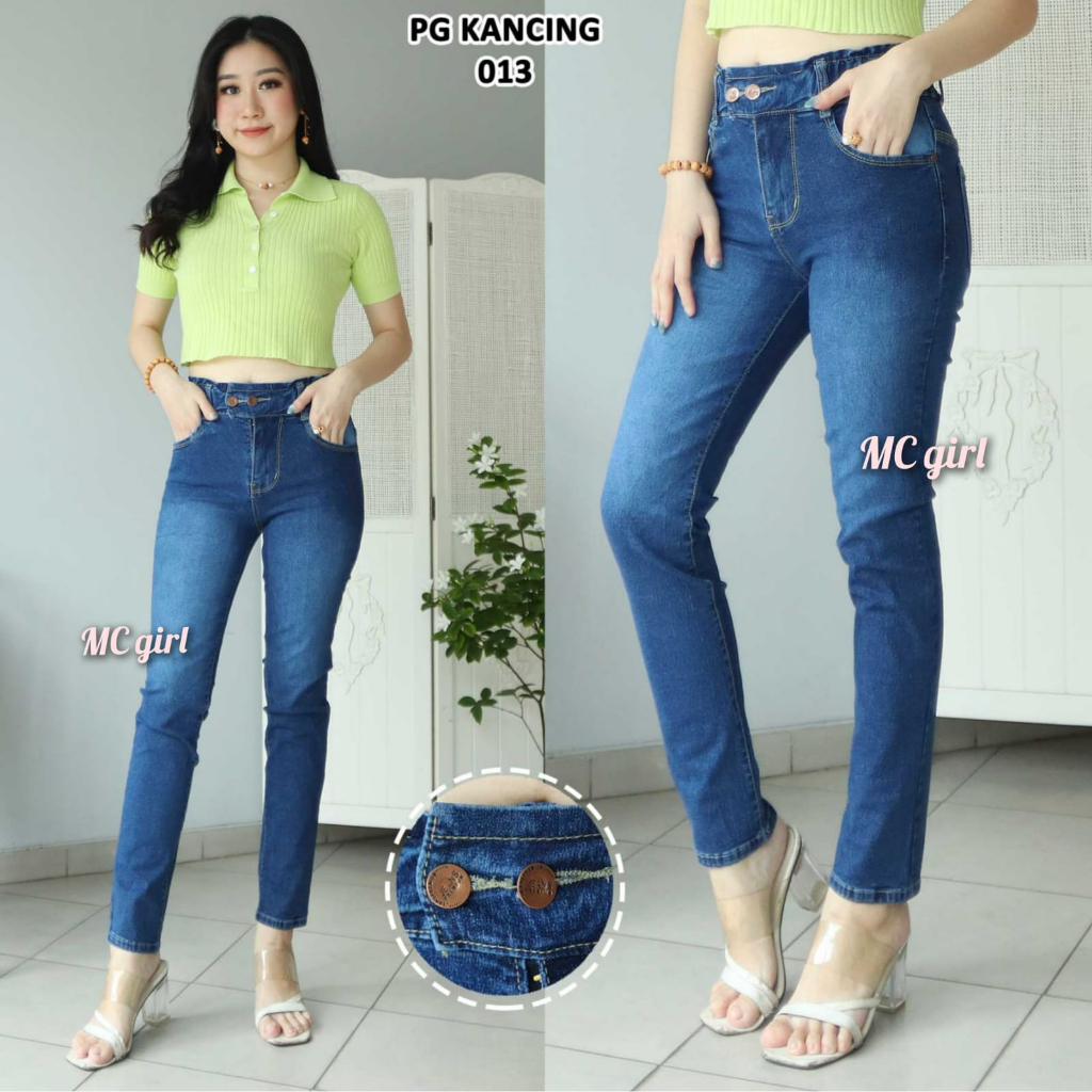 ( Size 27 - 30 ) MC girl - Celana Jeans High Waist Pinggang Karet Kancing 2 Warna Biru Tua Cewek / Celana Lepis Highwaist / HW