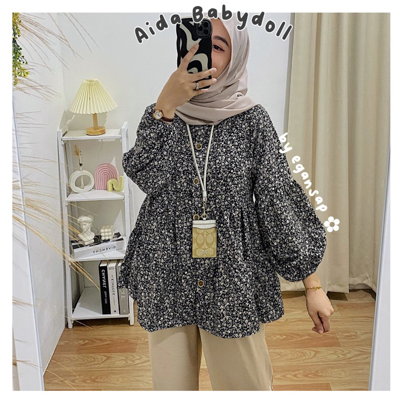 Aida Blouse BabyDoll | Kemeja Lengan Balon Flower Bunga